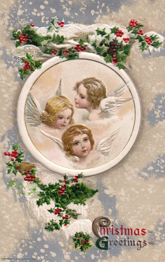 Christmas Greetings Embossed Angels with Holly Angel Christmas Postcard