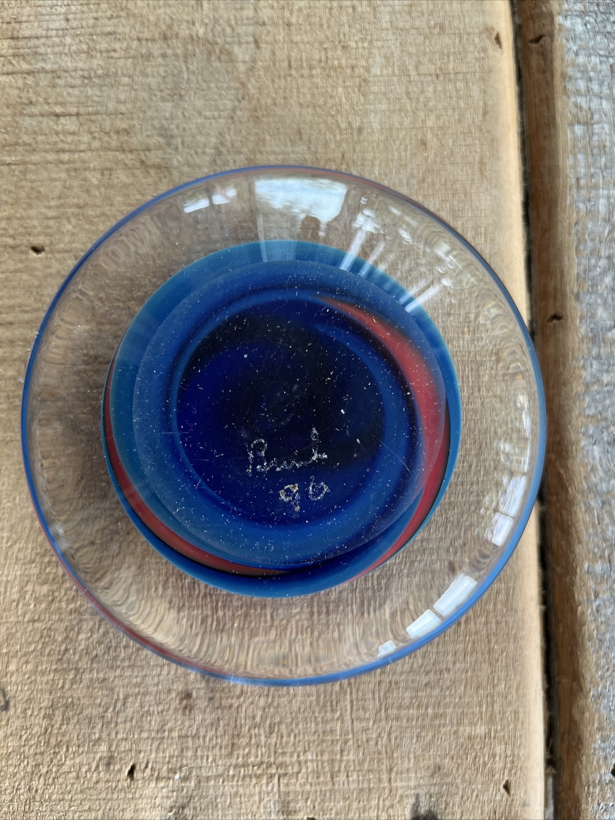 Robert Burch Glass Round Flat Multicolor Dome Center Bubble Paperweight Signed