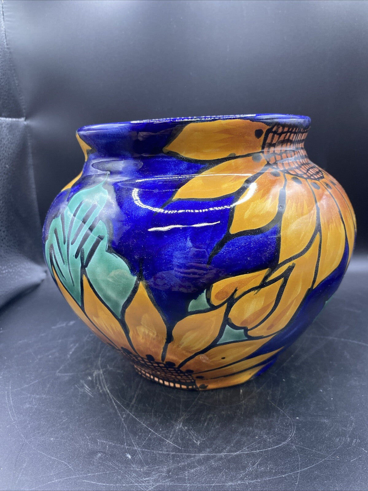 VTG 7" tall Terracotta Pottery Planter Vase Mexican Talavera 1980's Sunflower