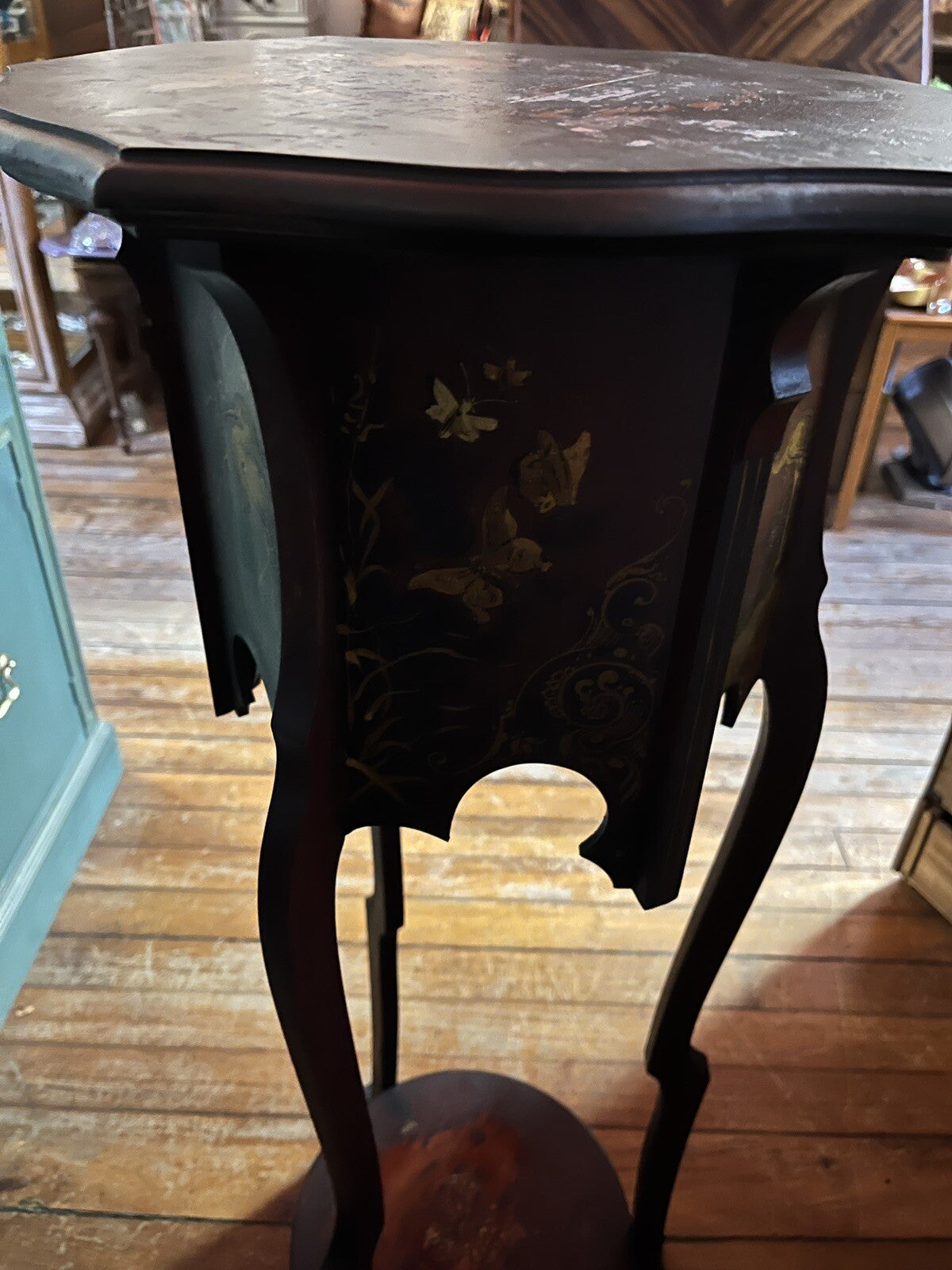 Antique French Wood Pedestal Plant Stands Hand Painted Scenes