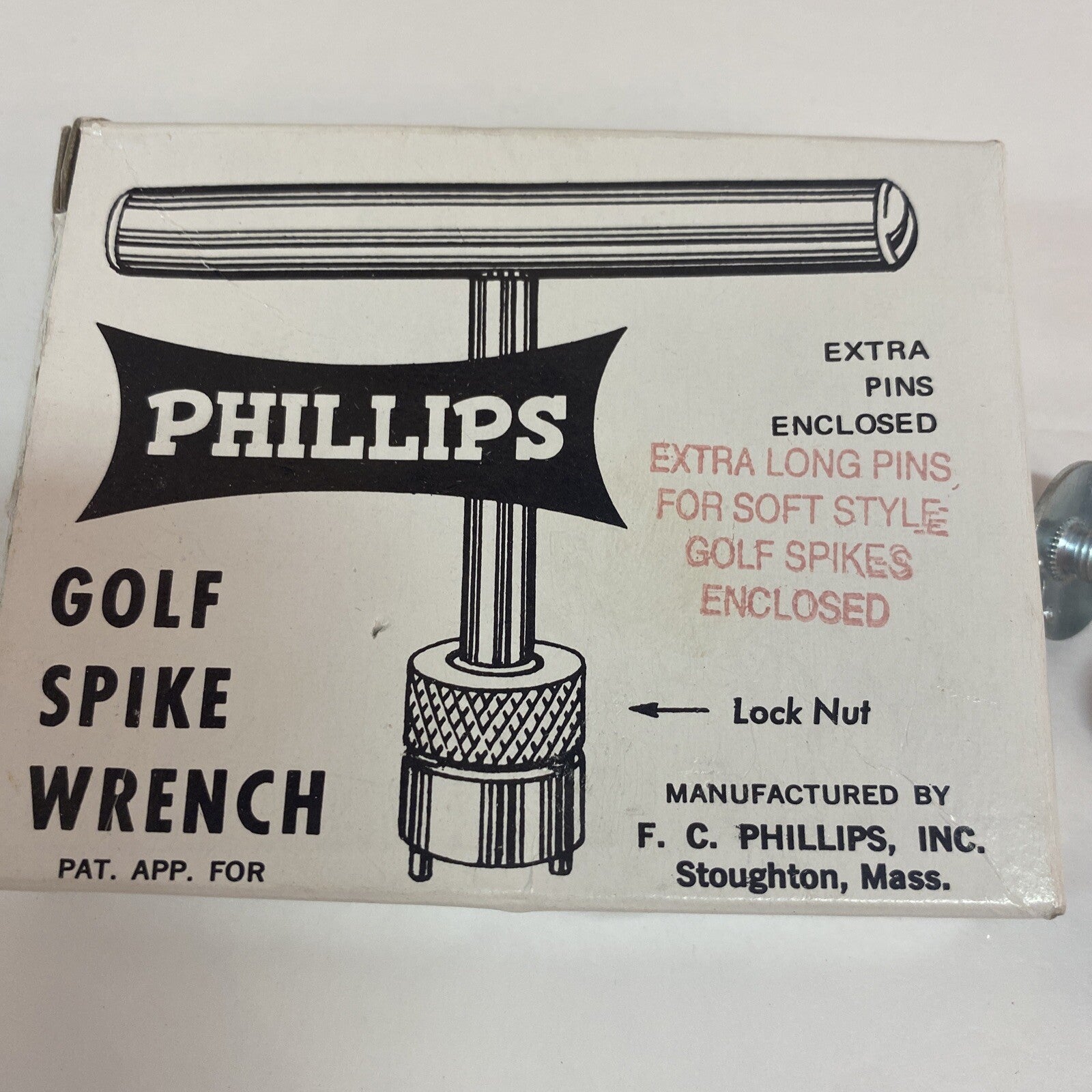 VINTAGE PHILLIPS GOLF SHOES SPIKE WRENCH  22 EXTRA PINS! ORIGINAL BOX 
