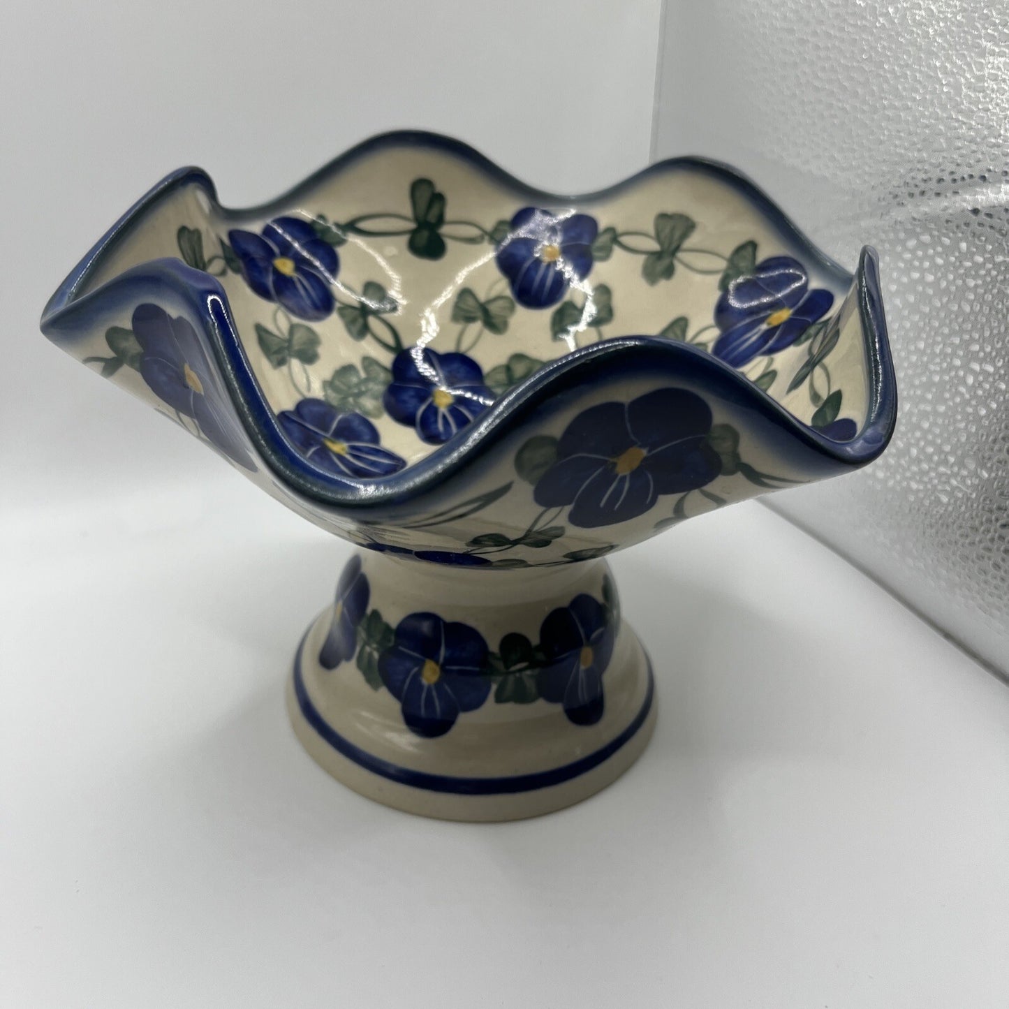 Polish Pottery Bowl With Pedestal Unikat Hand Painted Fluted Fruit Candy Dish