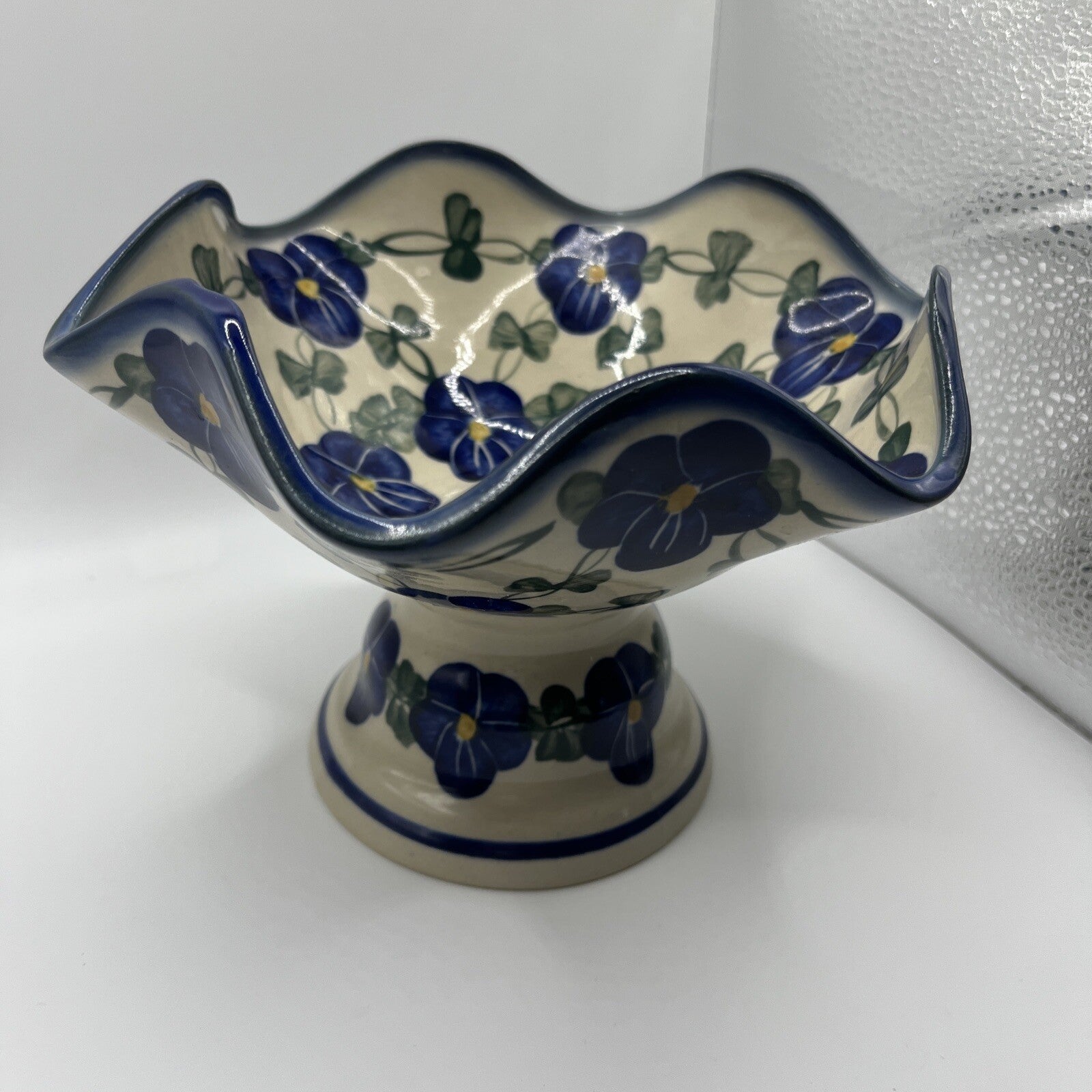 Polish Pottery Bowl With Pedestal Unikat Hand Painted Fluted Fruit Candy Dish