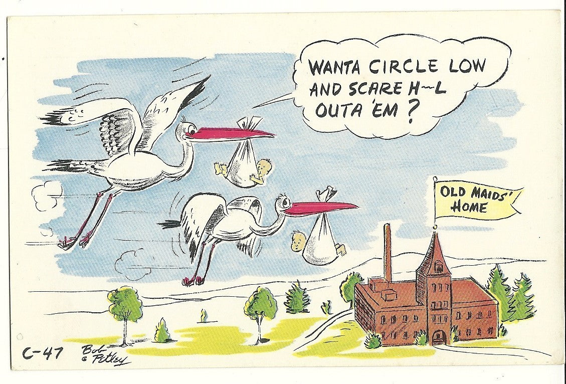 Storks Babies Prank Old Maids Home Artist Signed Bob Petley Comic Postcard C-47