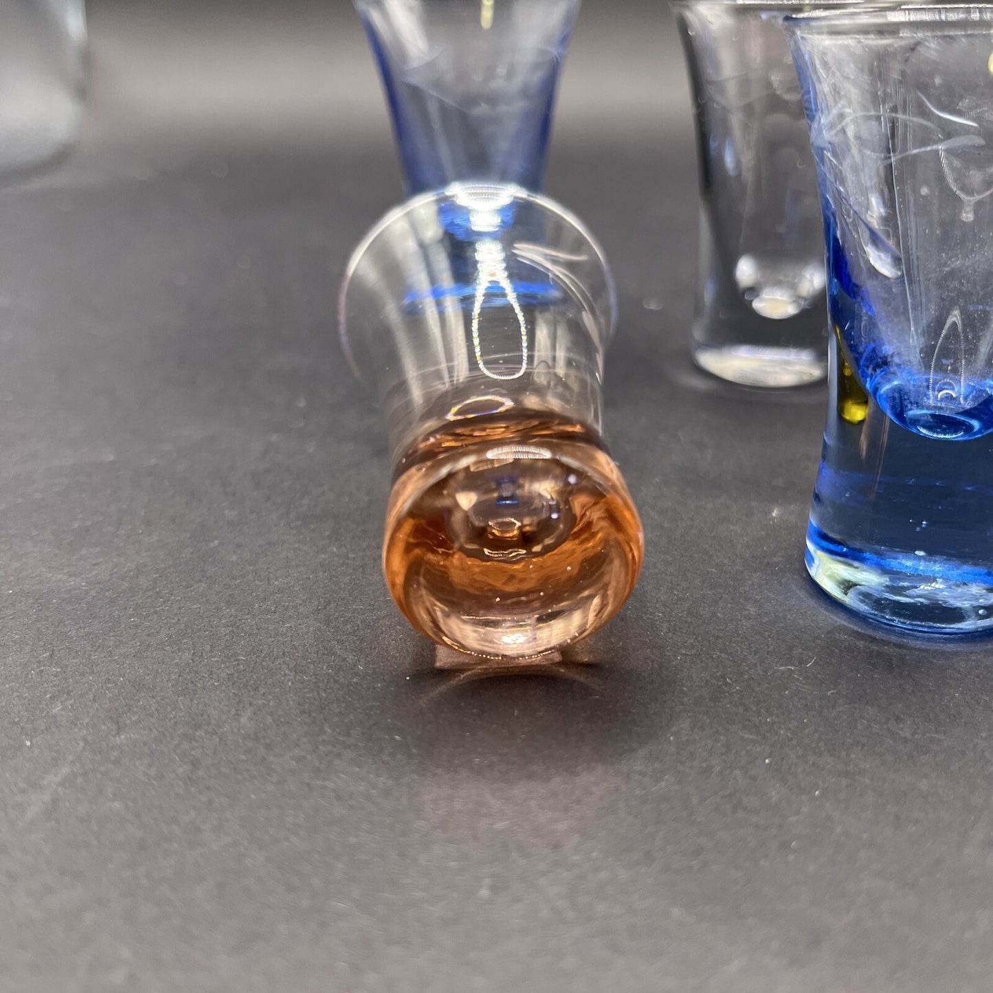 Barware VTG Shot Glass Set Of 5 Pastel Colored Bottoms Multi Color. 3.5" Tall