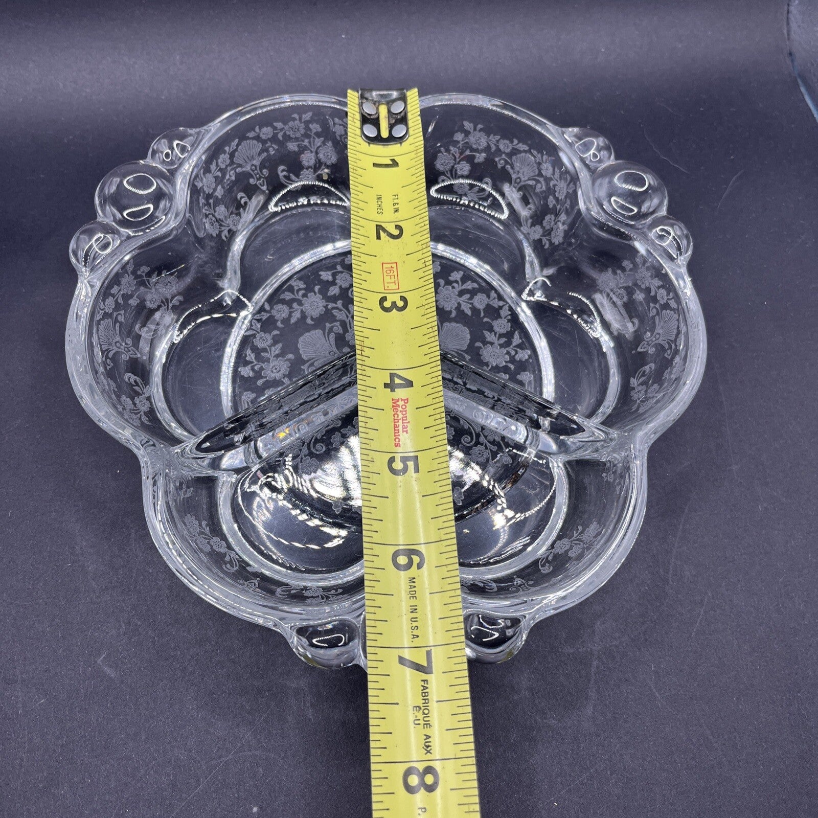 Duncan Miller FIRST LOVE 8" 3 Part Round Divided Relish Dish Etched Glass