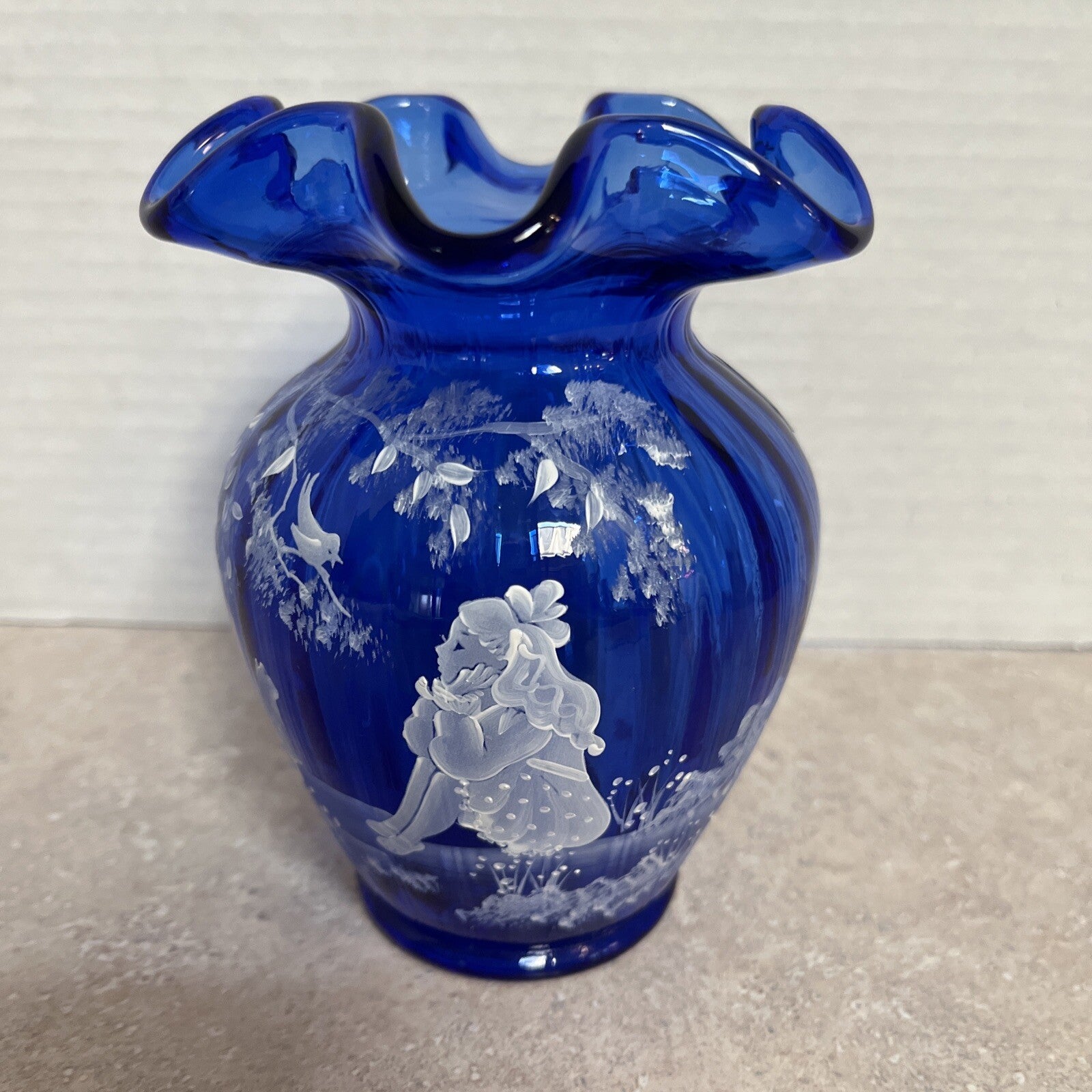 Sue Fenton MARY GREGORY COBALT BLUE VASE Girl Bird Watching W/ Cat 5.75” Signed