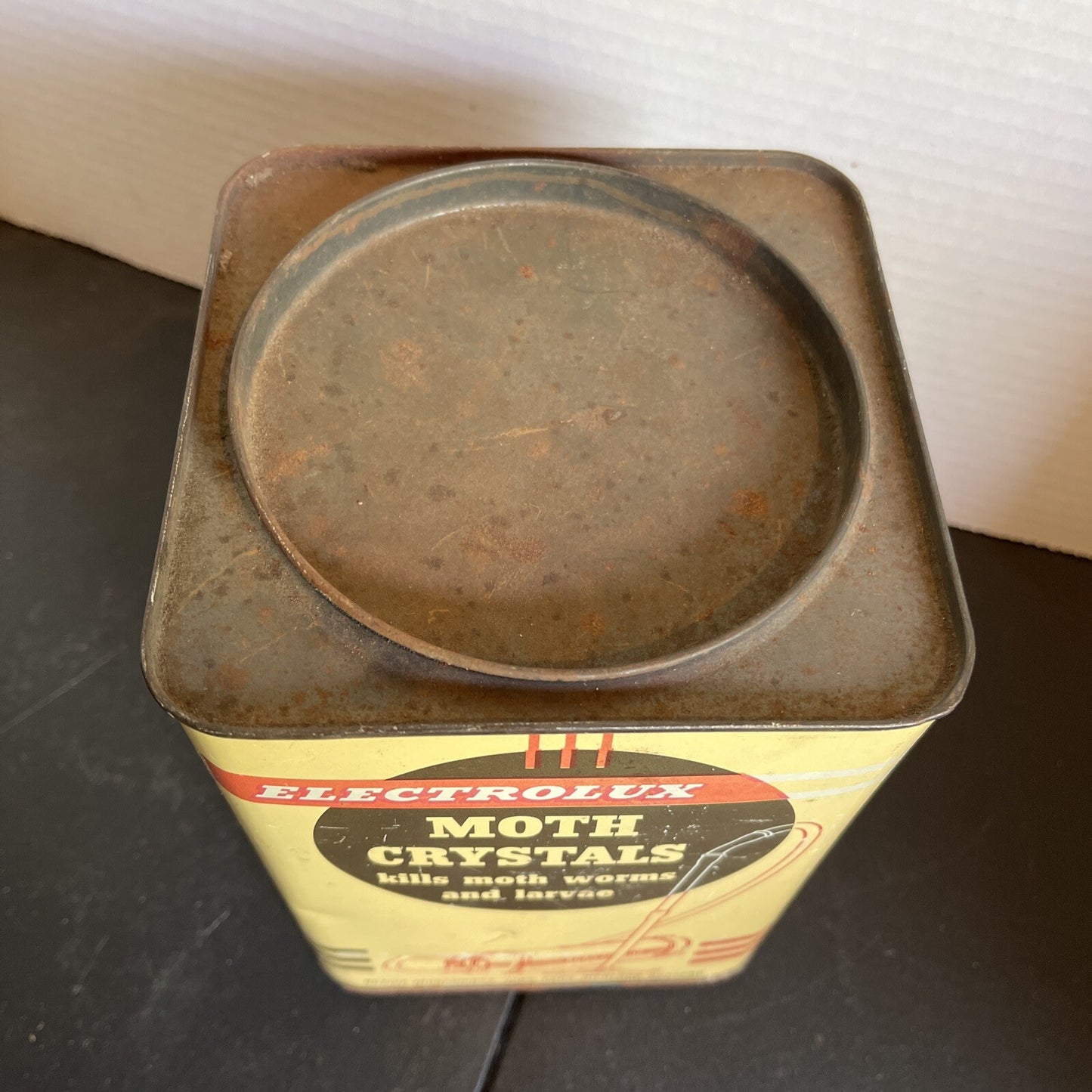 VINTAGE Country Store Tin Can Advertising Electrolux Moth Crystals 