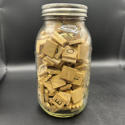 Filled Ball Mason Jar Scrabble Tiles Wooden Letters w Ribbon - Country Decor