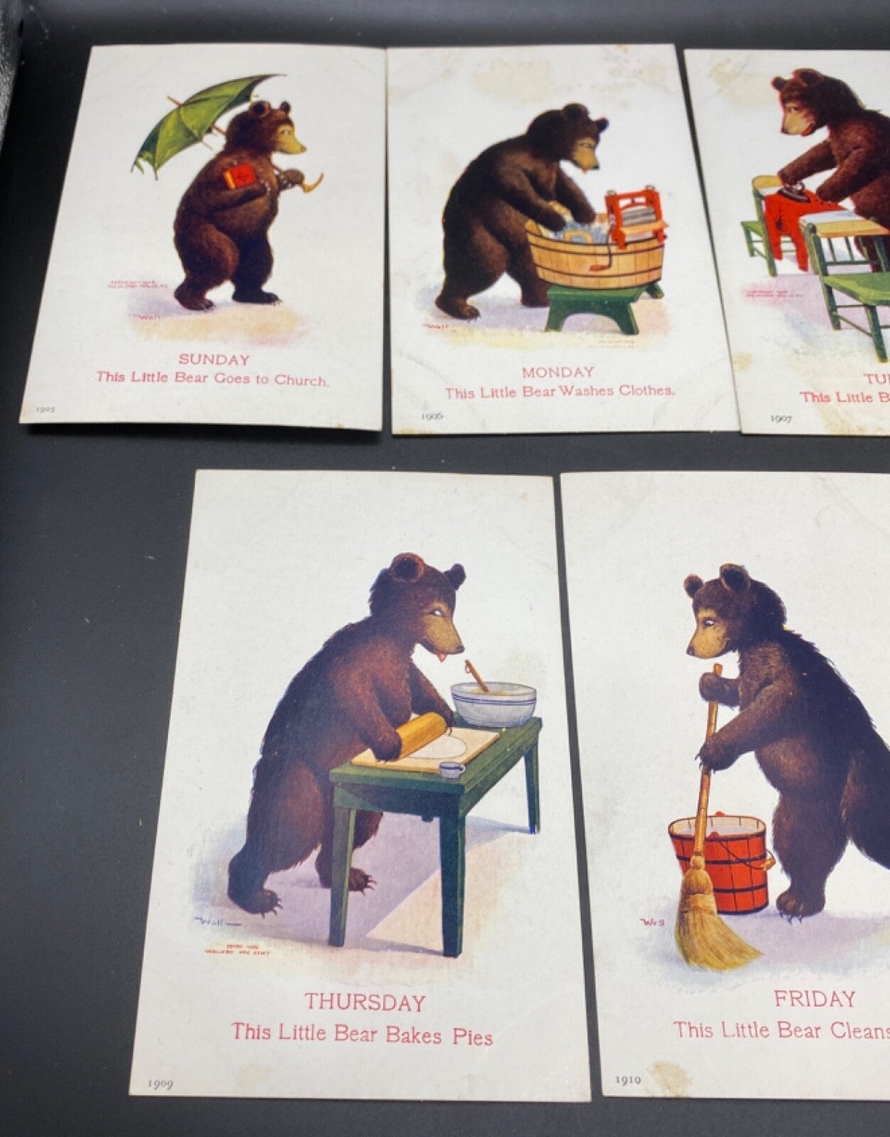 This Little Bear Complete Lot of  Days of the Week Bears Doing Things Postcards