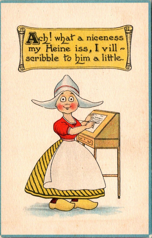 Dutch Girl Write Letter Heine Wooden Shoes Children Postcard