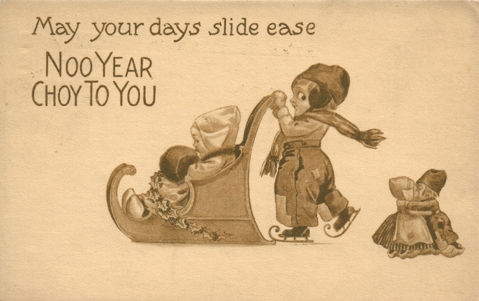 Children Sled Ride Happy New Year Postcard 