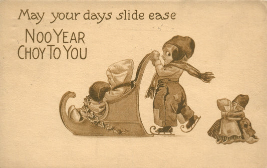 Children Sled Ride Happy New Year Postcard 