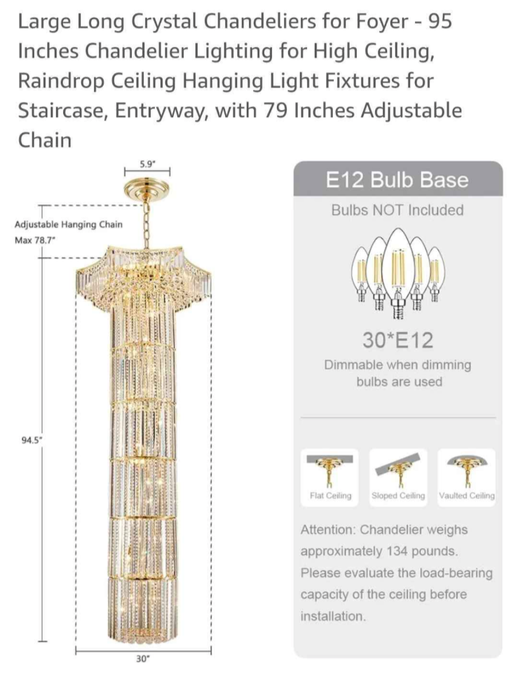 Elegant 8 foot Foyer  Entry Crystal chandelier light 30 LIGHTS!
