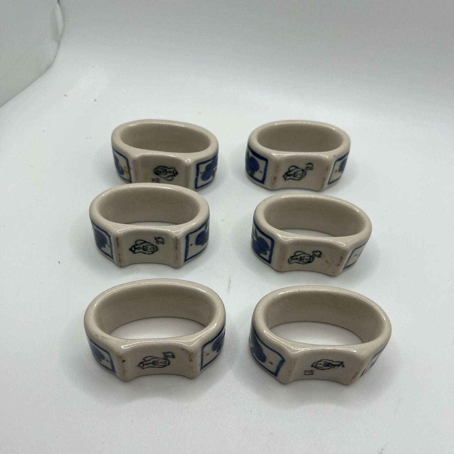 4 Polish Pottery Napkin Rings Hand Painted Floral Blue Cream Yellow