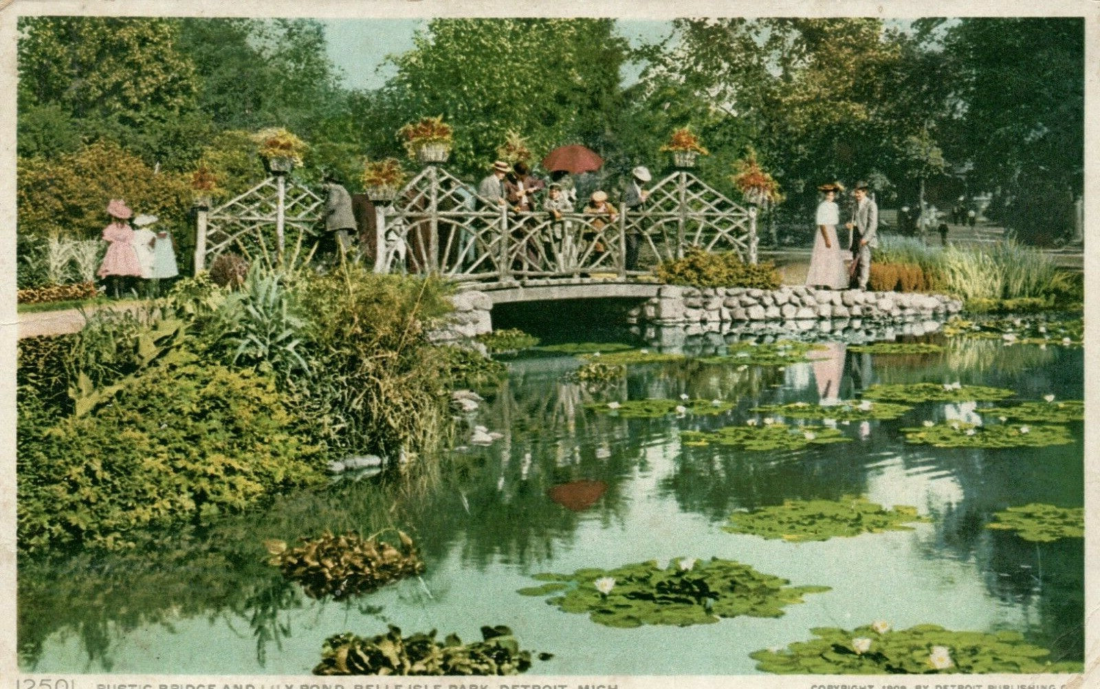 Rustic Bridge Lily Pond Belle Isle Park Detroit MI Michigan Postcard