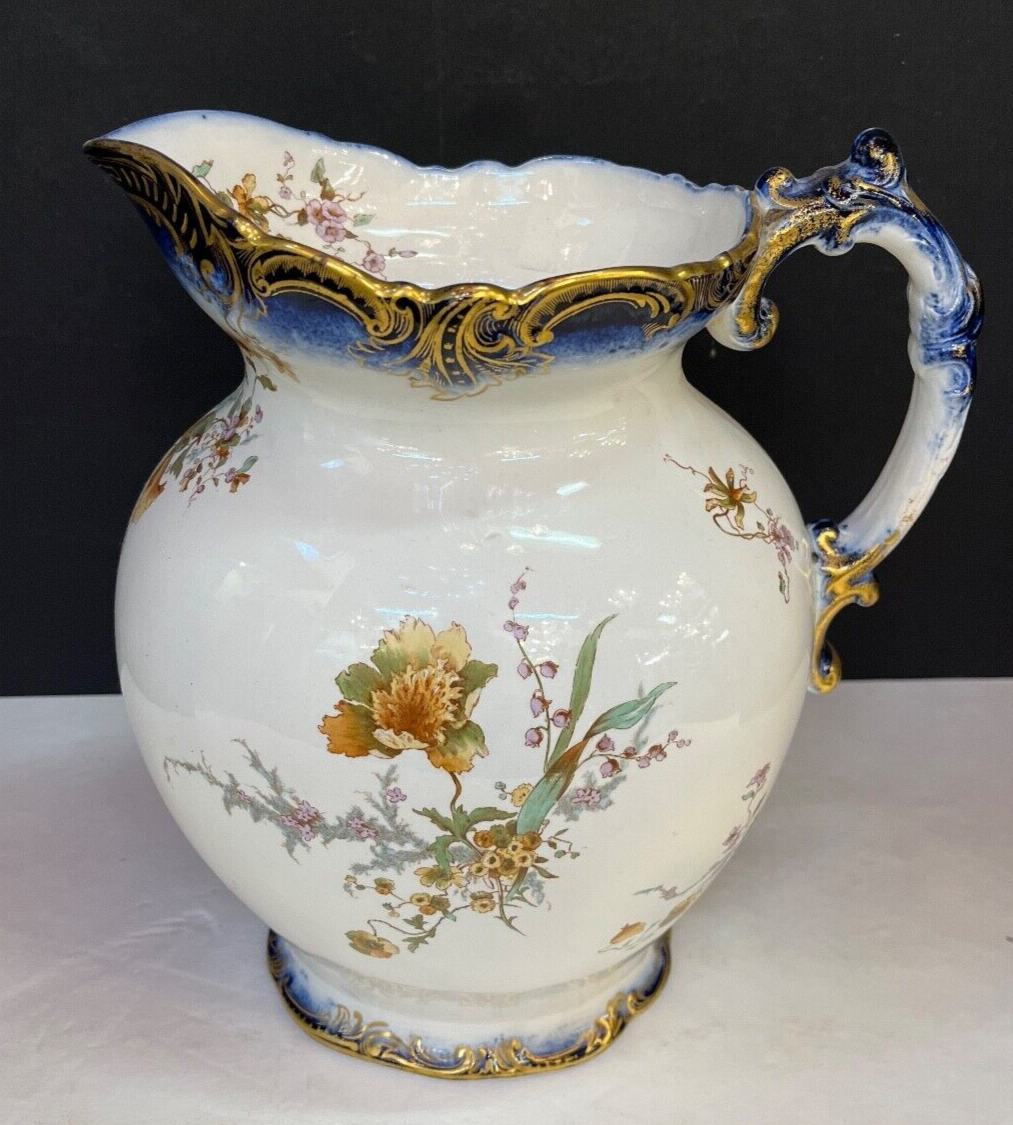 Rare Antique 1800's E. Henderson Floral White Blue & Gold Pitcher
