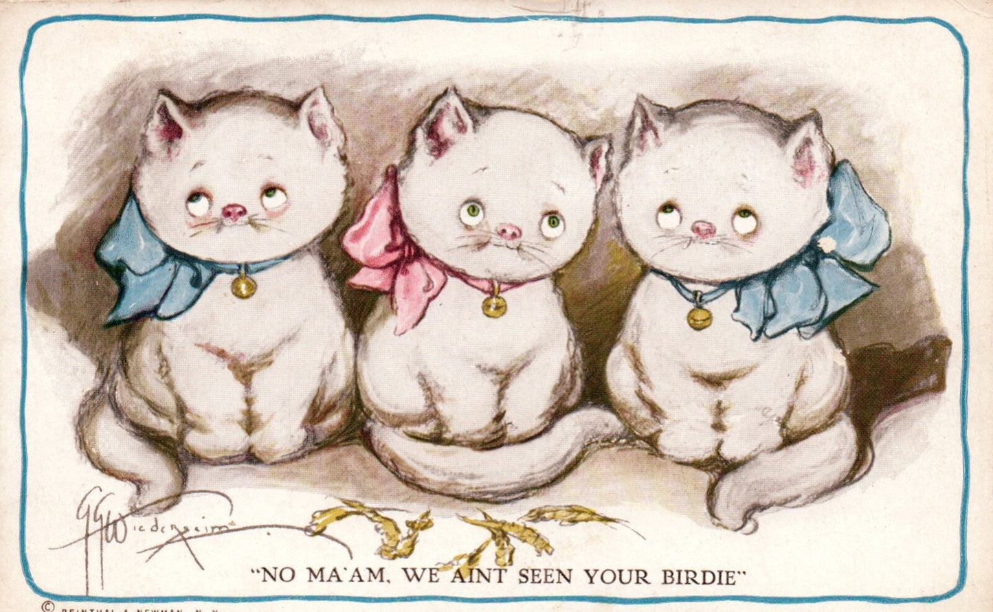 AS Grace Wiederseim "No Ma'am, we aint seen your bride" Vintage Cat Postcard
