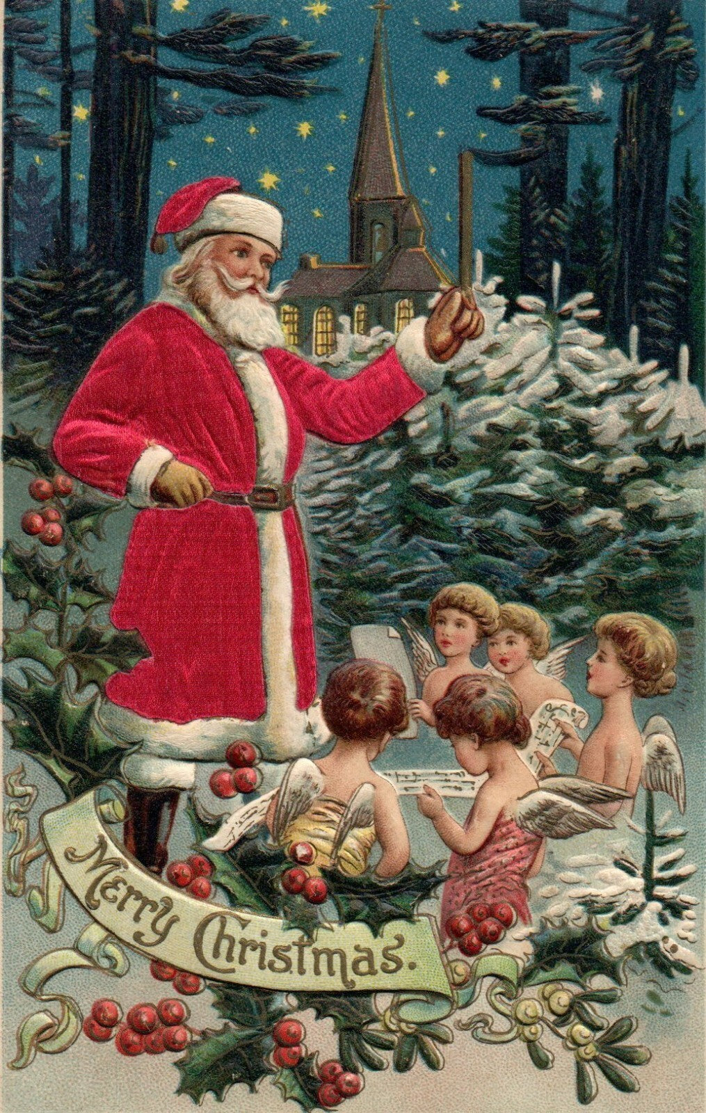 Silk Robed Santa Conducts Choir of angels vintage Christmas postcard