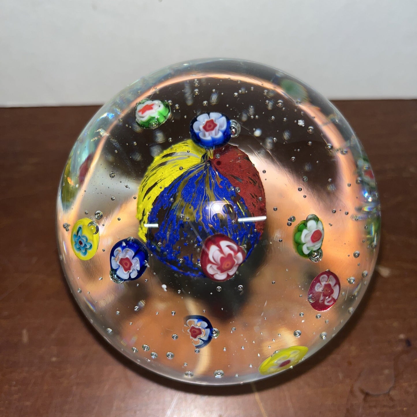 Vintage Art Glass Bubble Round Spear Paperweight Blue Red  Blue Yellow Clear 4”
