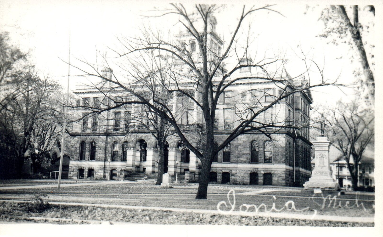 Real Photo of Courthouse with Monument Outside in Ionia Michigan Mich Postcard