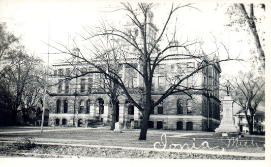 Real Photo of Courthouse with Monument Outside in Ionia Michigan Mich Postcard