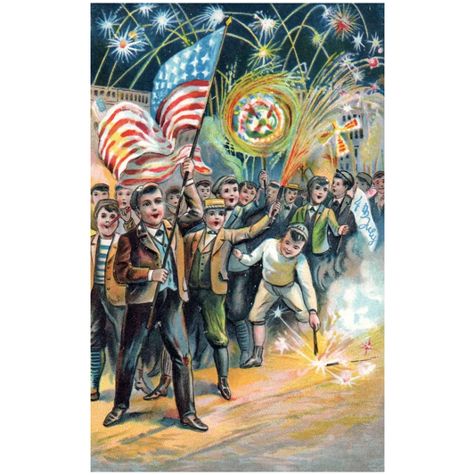 Fourth of July Celebration Children Waving Flags and Fireworks Patriotic Postcar