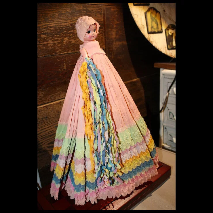 1930's Celluloid Carnival Doll with colorful crepe paper dress