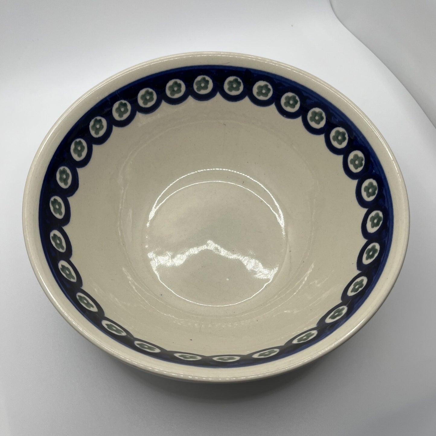 Boleslawiec Pottery Round Bowl Handmade in Poland Blue White 8”