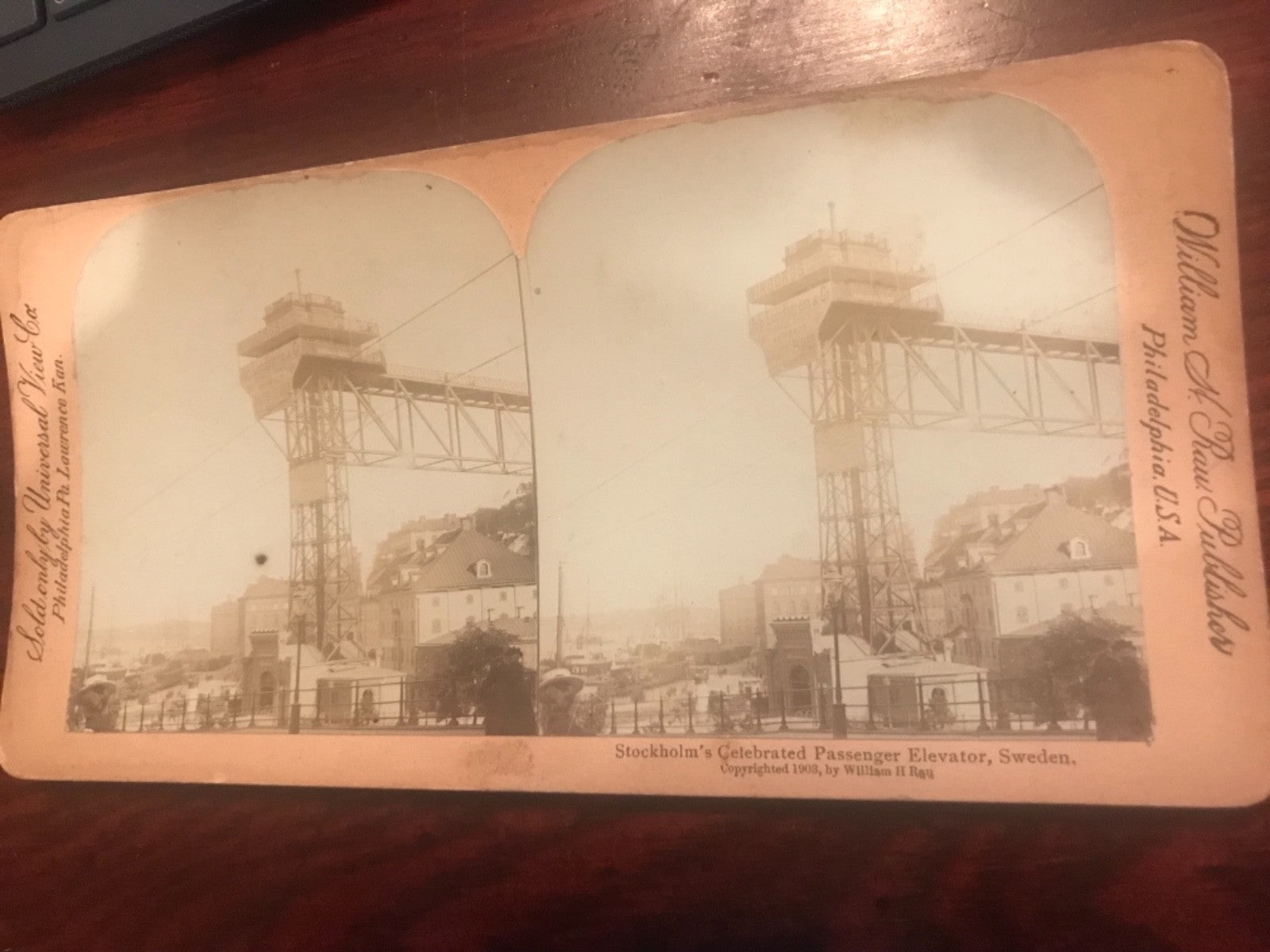 Real photo stereoview Stockholm Sweden Celebrated Passenger Elevator 
