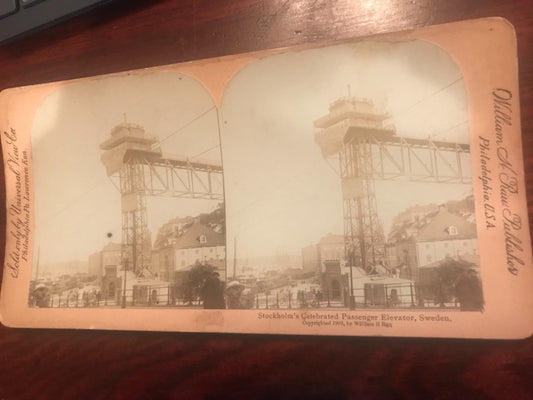Real photo stereoview Stockholm Sweden Celebrated Passenger Elevator 