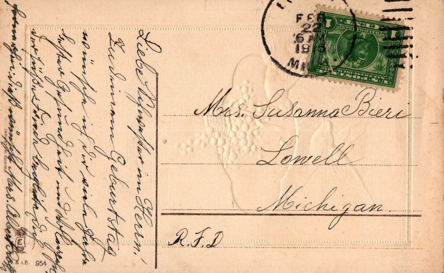  Two White Doves Carry Basket of Pink Flowers Bird Animal Birthday Postcard  954