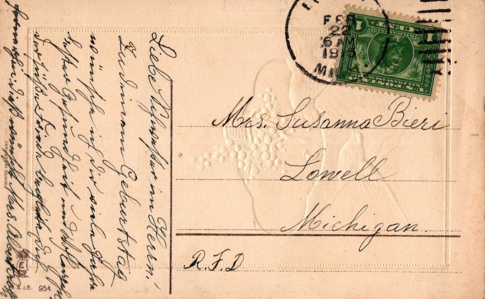  Two White Doves Carry Basket of Pink Flowers Bird Animal Birthday Postcard  954