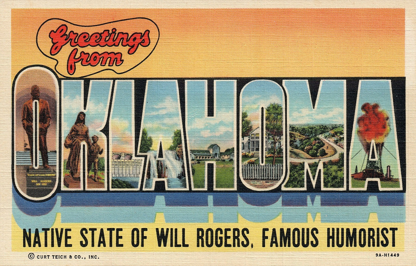 Oklahoma OK Native state of Will Rogers Famous Humorist Large Letter  Postcard