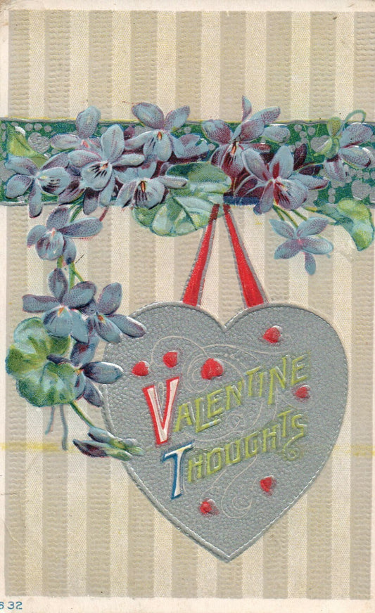 632 Silver Metallic Heart Hanging By Red Ribbon Purple Floral Valentine Postcard