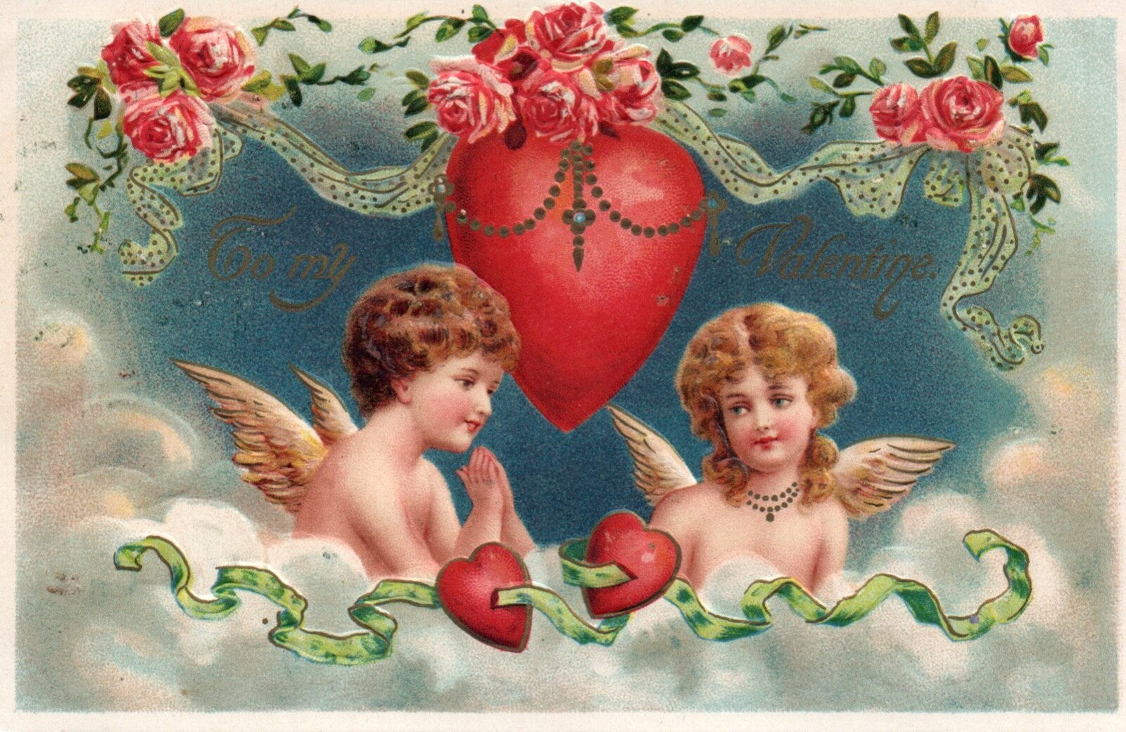 To My Valentine Cherubs with Roses & Hearts Vintage Valentine Postcard