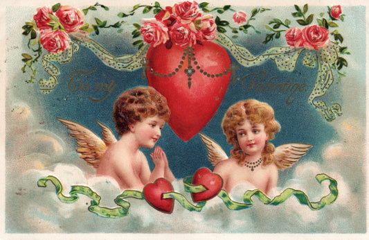 To My Valentine Cherubs with Roses & Hearts Vintage Valentine Postcard