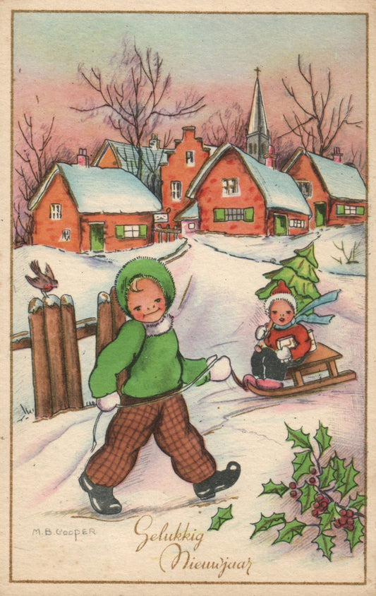 Boy Pulling Sister On Sled Holding Christmas Tree Winter New Year Postcard 