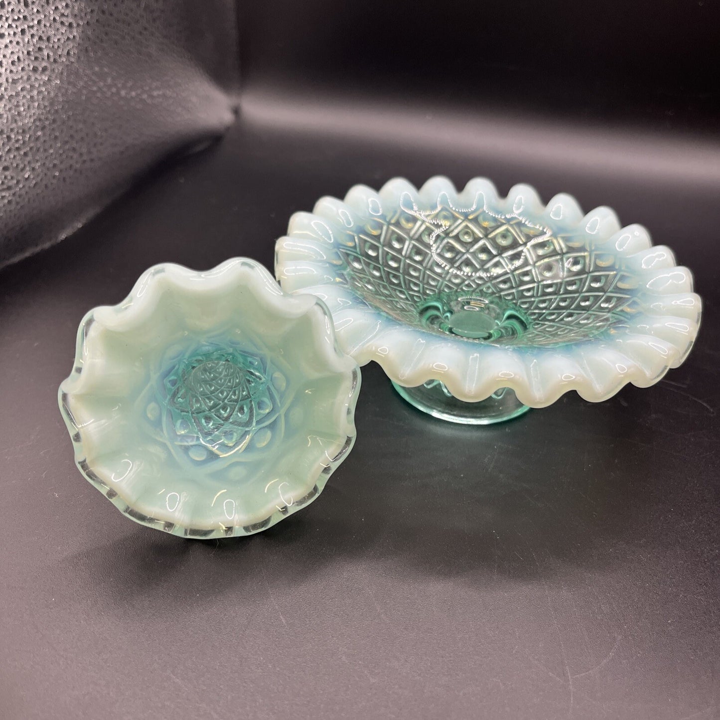 Vintage Fenton Blue/green  Opalescent Epergne Vase 1940s Hobnail Horned Vase