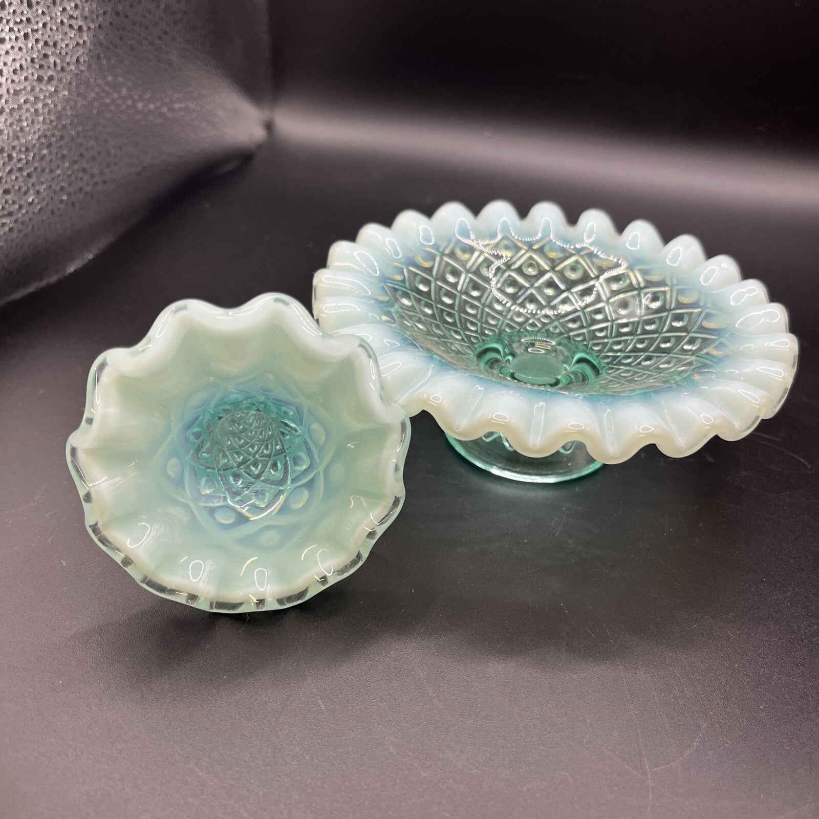 Vintage Fenton Blue/green  Opalescent Epergne Vase 1940s Hobnail Horned Vase