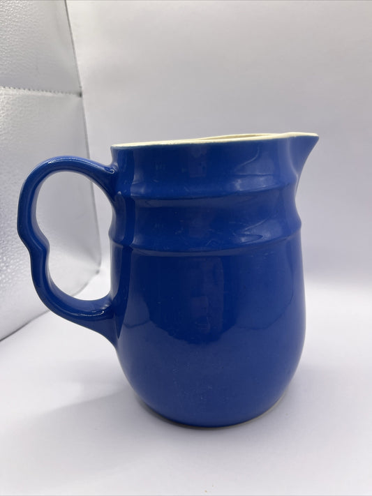 Vintage Oxford Stoneware Farmhouse Royal Blue/Cream 5 3/4" Milk Pitcher Ohio USA