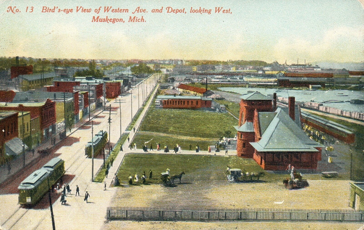 Bird's Eye View of Western Ave & Depot in Muskegon MI Michigan Postcard