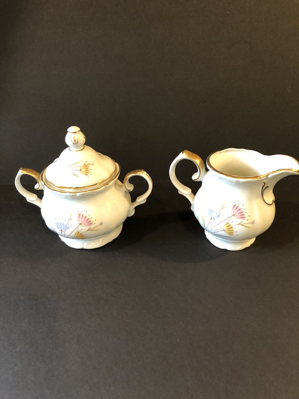 Creamer and Sugar Bowl Dishware Floral Design with gold color trim