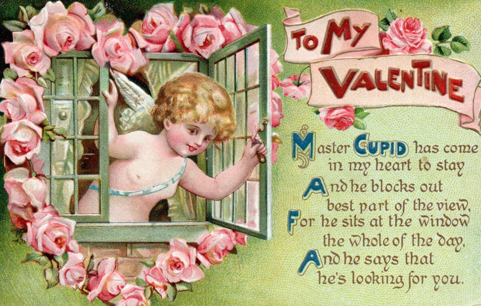 1912 Angel looking out Window Rose Heart Vintage Valentine Postcard V12