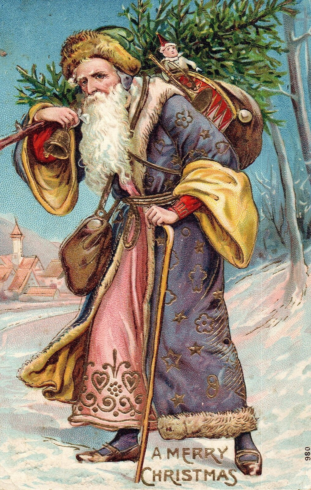 A Merry Christmas Purple Santa w/ Toys on Back & Tree Gold Gilt Santa Postcard