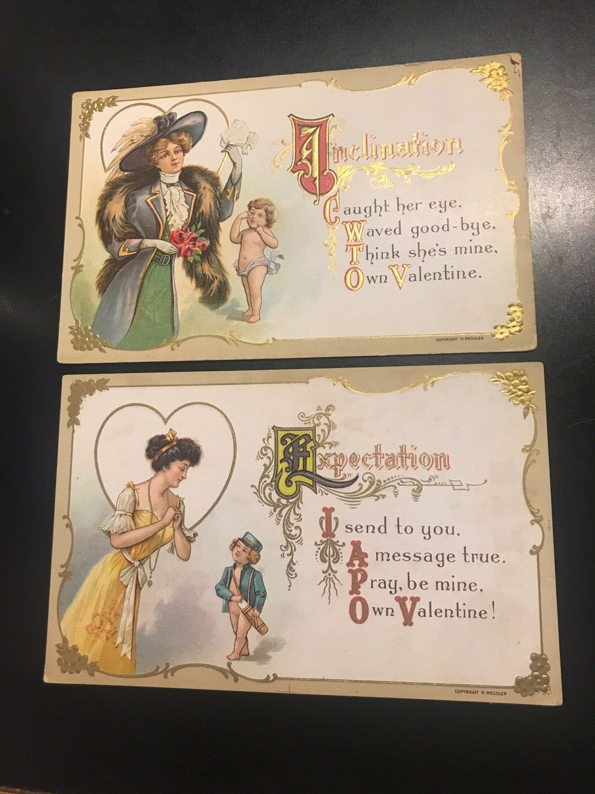 Set of 2 Valentines Inclination and Expectation by H Wessler Postcards 522