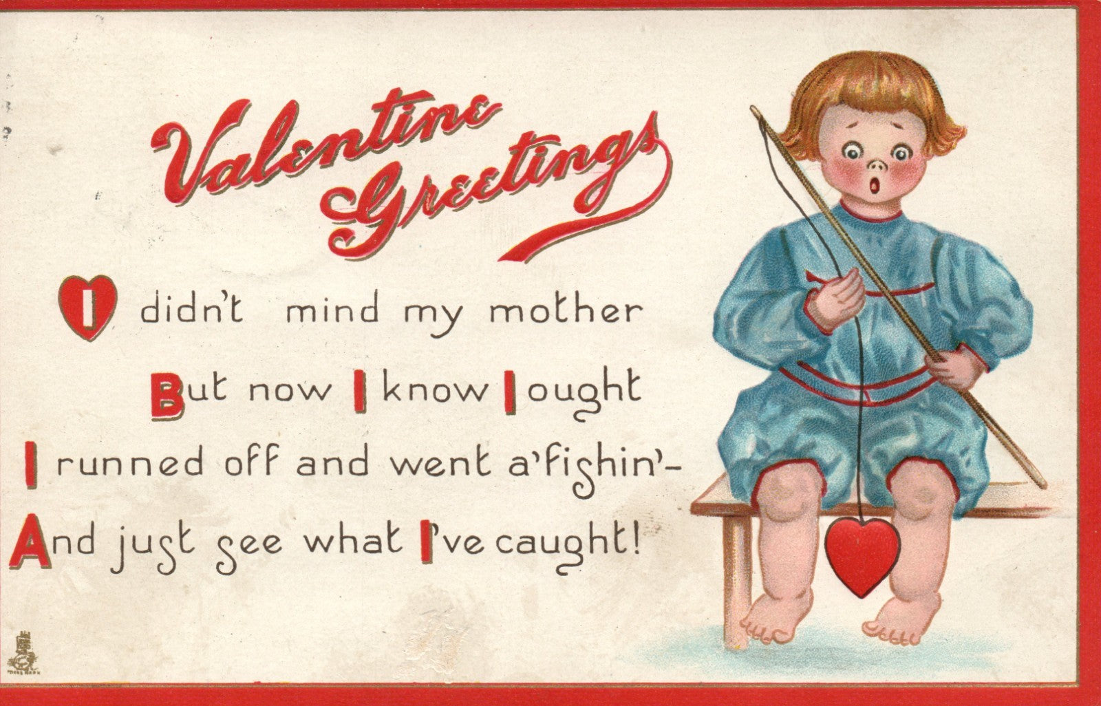 Tuck "First Love" Series Boy Catches Heart On Fishing Pole Valentine Postcard 16