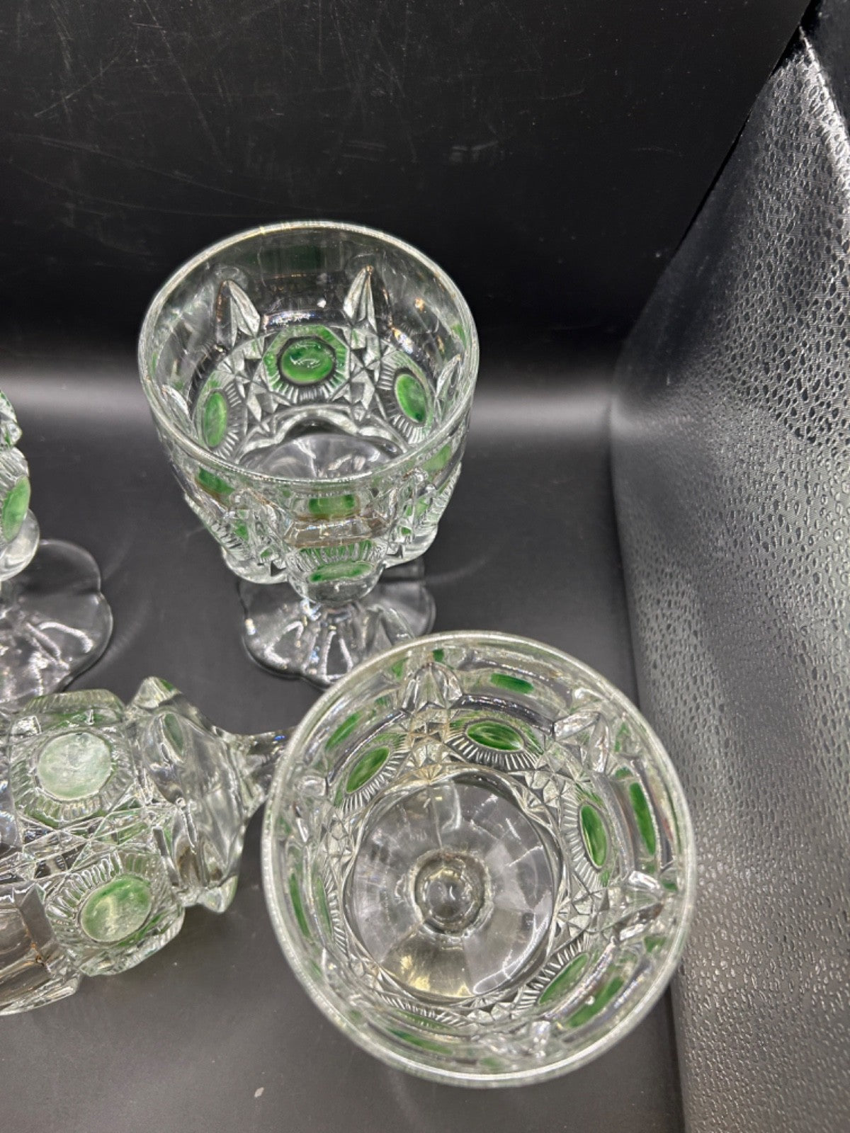 EAPG Newport 5X Goblets Glass Bull's Eye & Daisy Green Stain