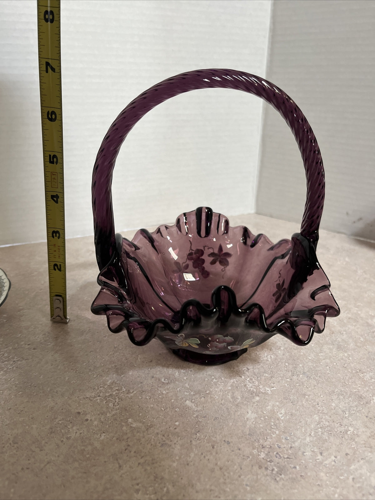 Fenton Art Glass Ruffled Purple Basket With Twisted Handle & signed
