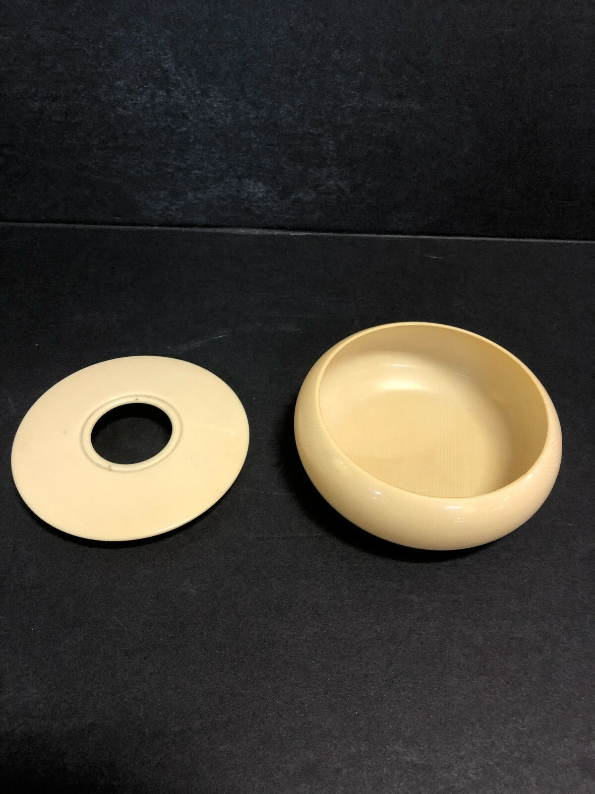 3 Piece Vanity Set Yellow Celluloid Hair Receiver Powder and Containers 